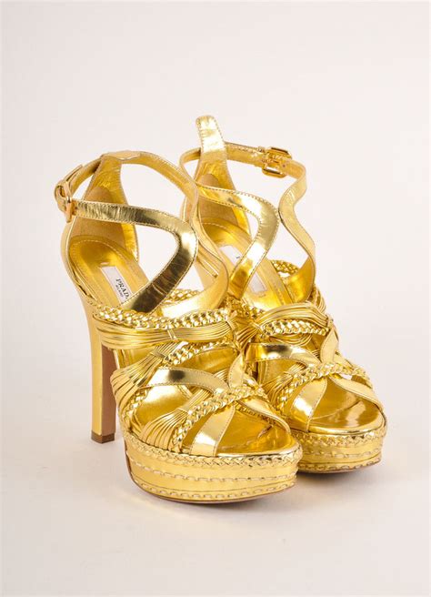 prada metallic gold 90 strappy leather sandals|Prada heeled sandals.